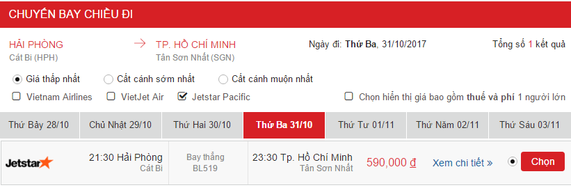Giá vé Hải Phòng đến Sài Gòn Jestar 31/10