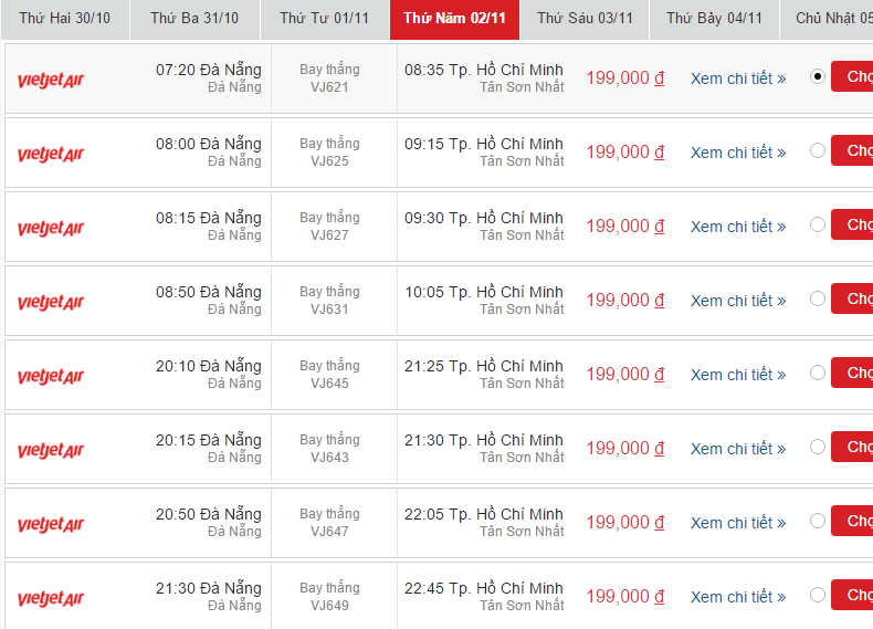 Bảng giá vé Đà Nẵng - Sài Gòn 2/11 Vietjet Air