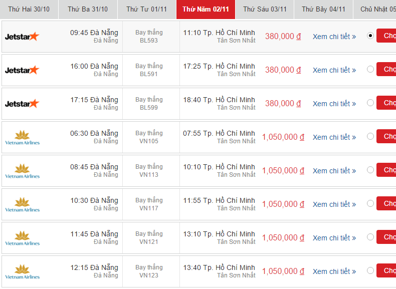 Bảng giá vé Đà Nẵng - Sài Gòn 2/11 Jetstar và Vietnam Airlines 