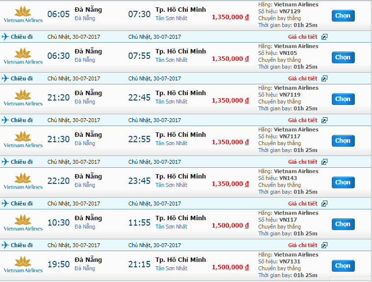 Giá vé máy bay từ Đà Nẵng đến Sài Gòn của Vietnam Airlines ngày 30/7