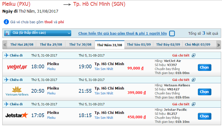 Bảng giá vé máy bay Pleiku đi Sài Gòn