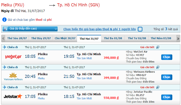 Giá vé Pleiku đến Sài Gòn