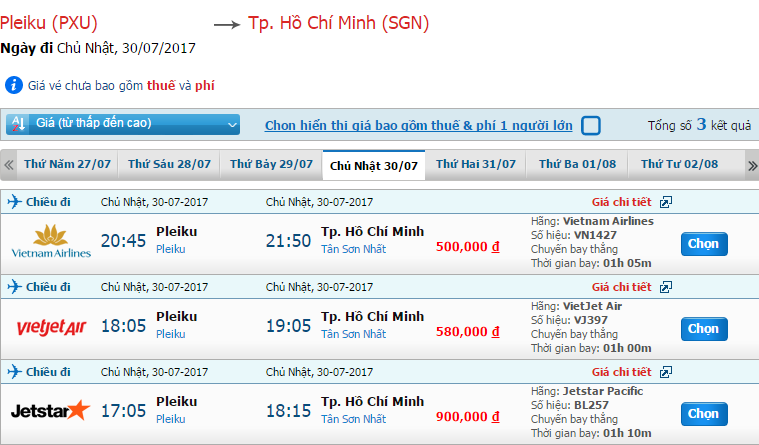 Giá vé Pleiku tới Sài Gòn