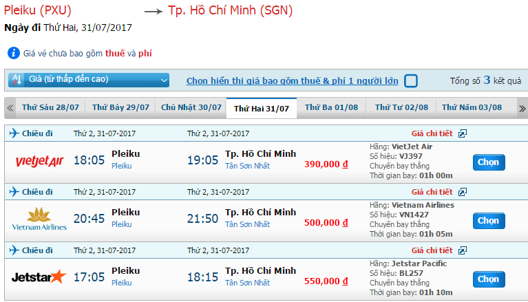 Bàng giá vé của Vietair.com.vn Pleiku - Sài Gòn