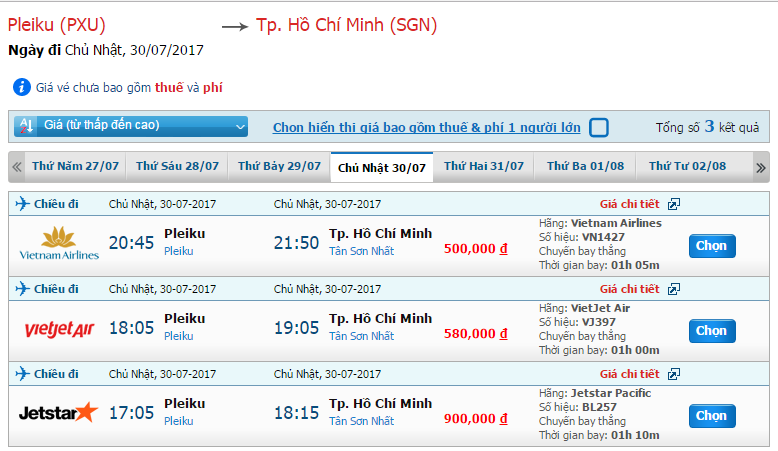 Bàng giá của Vietair.com.vn về hành trình Pleiku - Sài Gòn
