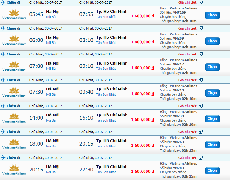 Giá vé Vietnam Airlines vào Sài Gòn tháng 7