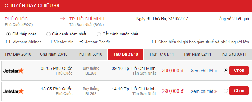 Giá vé Phú Quốc đến Sài Gòn Jestar 31/10