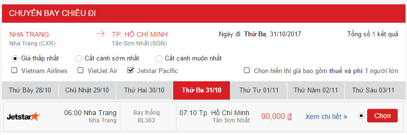 Giá vé Nha Trang đến Sài Gòn Jestar 31/10
