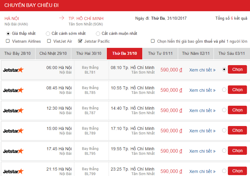 Giá vé Hà Nội đến Sài Gòn Jestar 31/10
