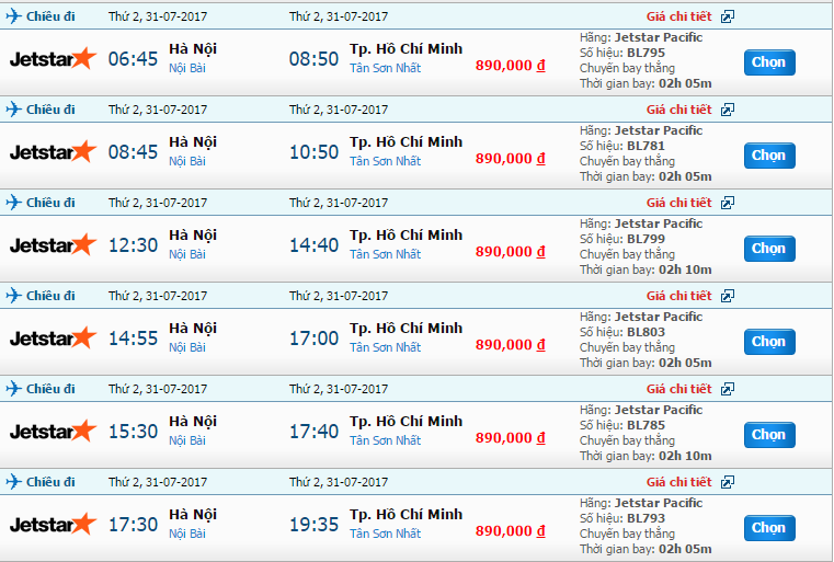 Giá vé Hà Nội Sài Gòn Jetstar ngày 31/7