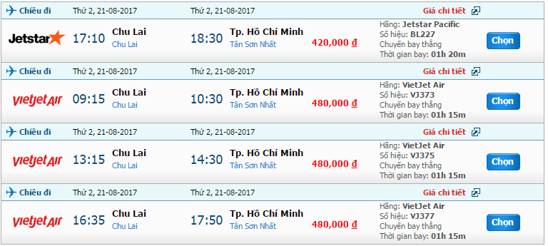 Cập nhật giá vé máy bay Chu Lai đi Sài Gòn