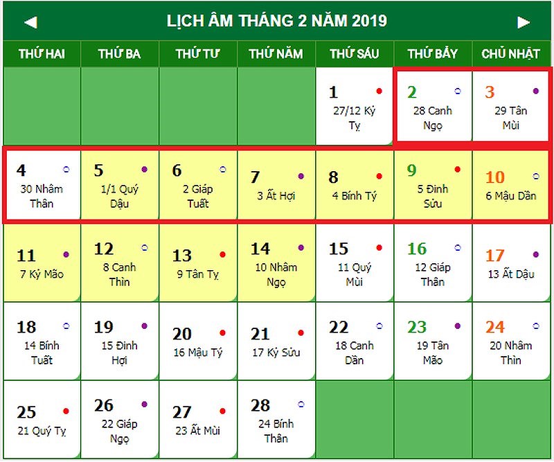 Lịch nghỉ Tết 2019
