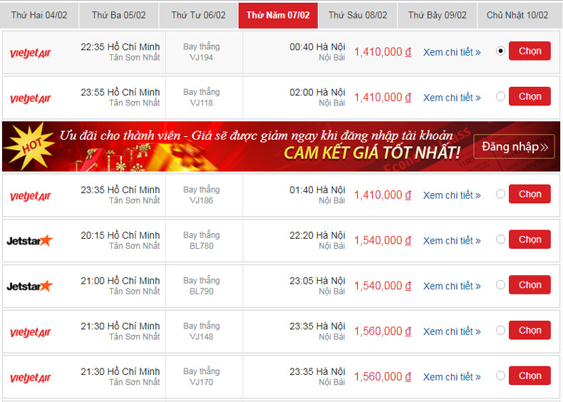 Bảng giá vé máy bay Tết đi Hà Nội từ Sài Gòn (cập nhật ngày 17/01/2019)