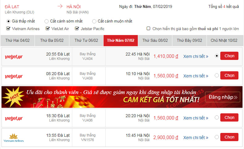 Bảng giá vé máy bay Tết đi Hà Nội từ Đà Lạt (cập nhật ngày 17/01/2019)