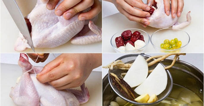 Gà hầm sâm Hàn Quốc - Nhồi nguyên liệu 