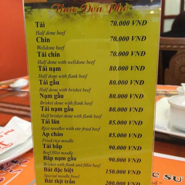 Menu quán Phở Lý Quốc Sư