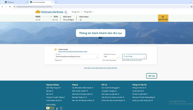 bước 3: checkin online vietnam airlines