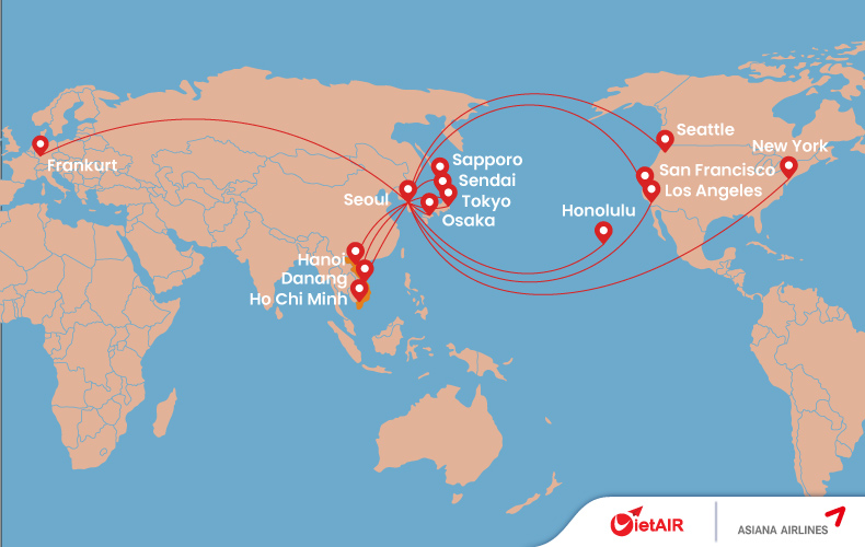 Các hành trình phổ biến bay từ Việt Nam của hãng Asiana Airlines