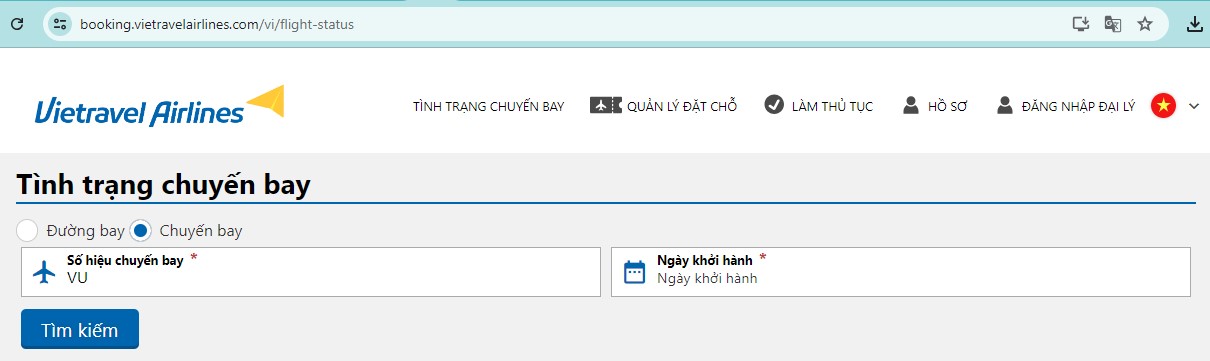 kiểm tra tình trạng chuyến bay Vietravel Airlines