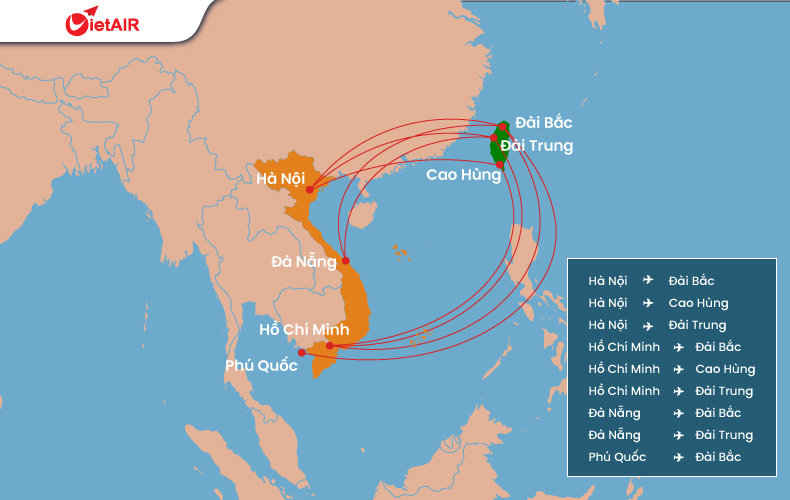 Các đường bay thẳng từ Việt Nam đi Đài Loan