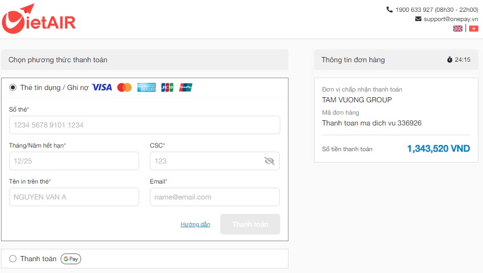 thanh toán bằng thẻ quốc tế tại VietAIR