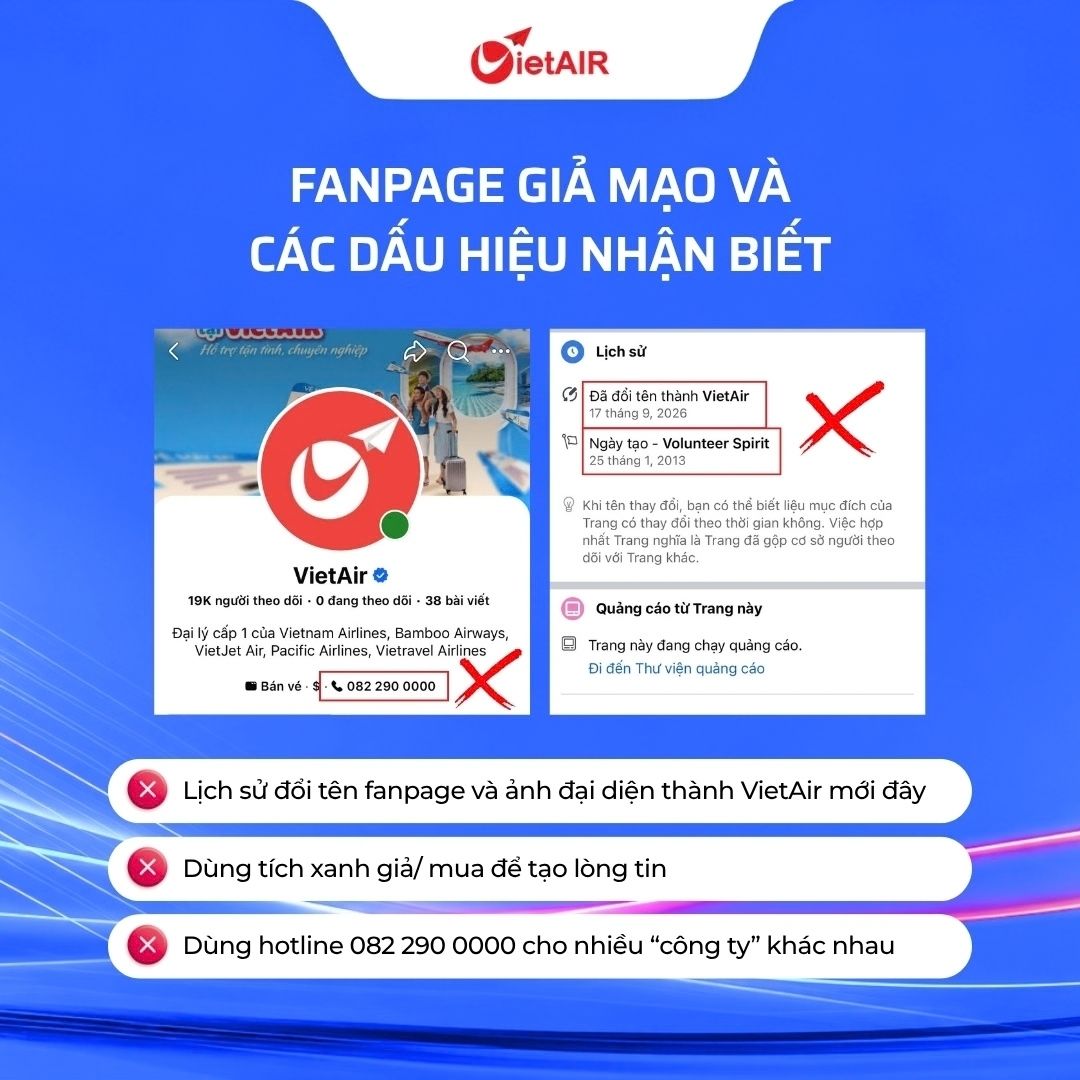 Cảnh báo Fanpage có tích xanh giả mạo VietAIR