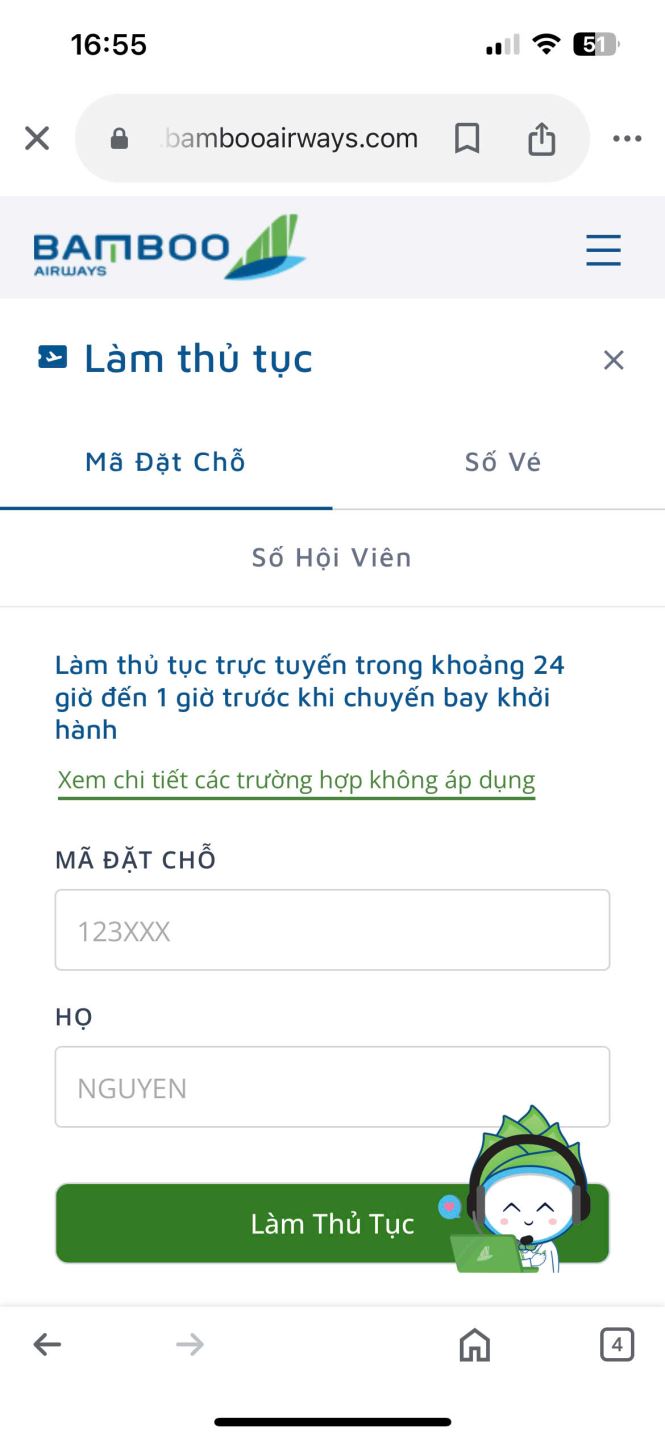 check-in online bamboo airways bằng điện thoại