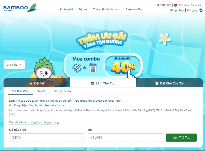 check-in online Bamboo Airways trên máy tính