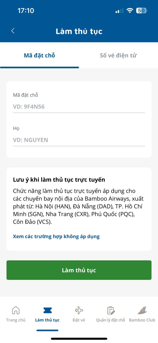 check-in online bamboo airways trên app