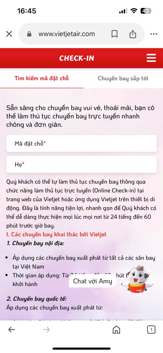 check-in online Vietjet Air bằng điện thoại