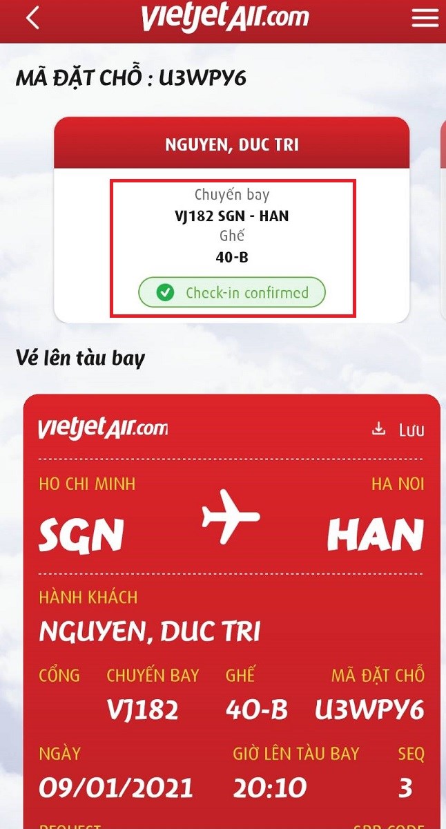 Xác nhận check-in online Vietjet Air thành công