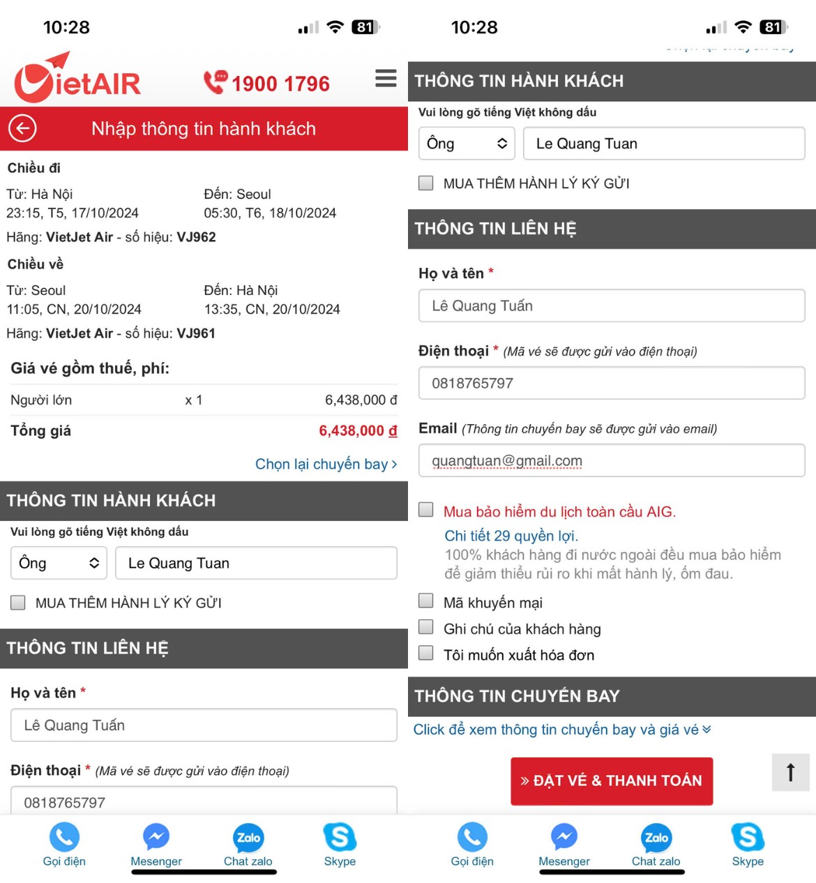 điền thông tin khi đặt vé may bay trên điện thoại