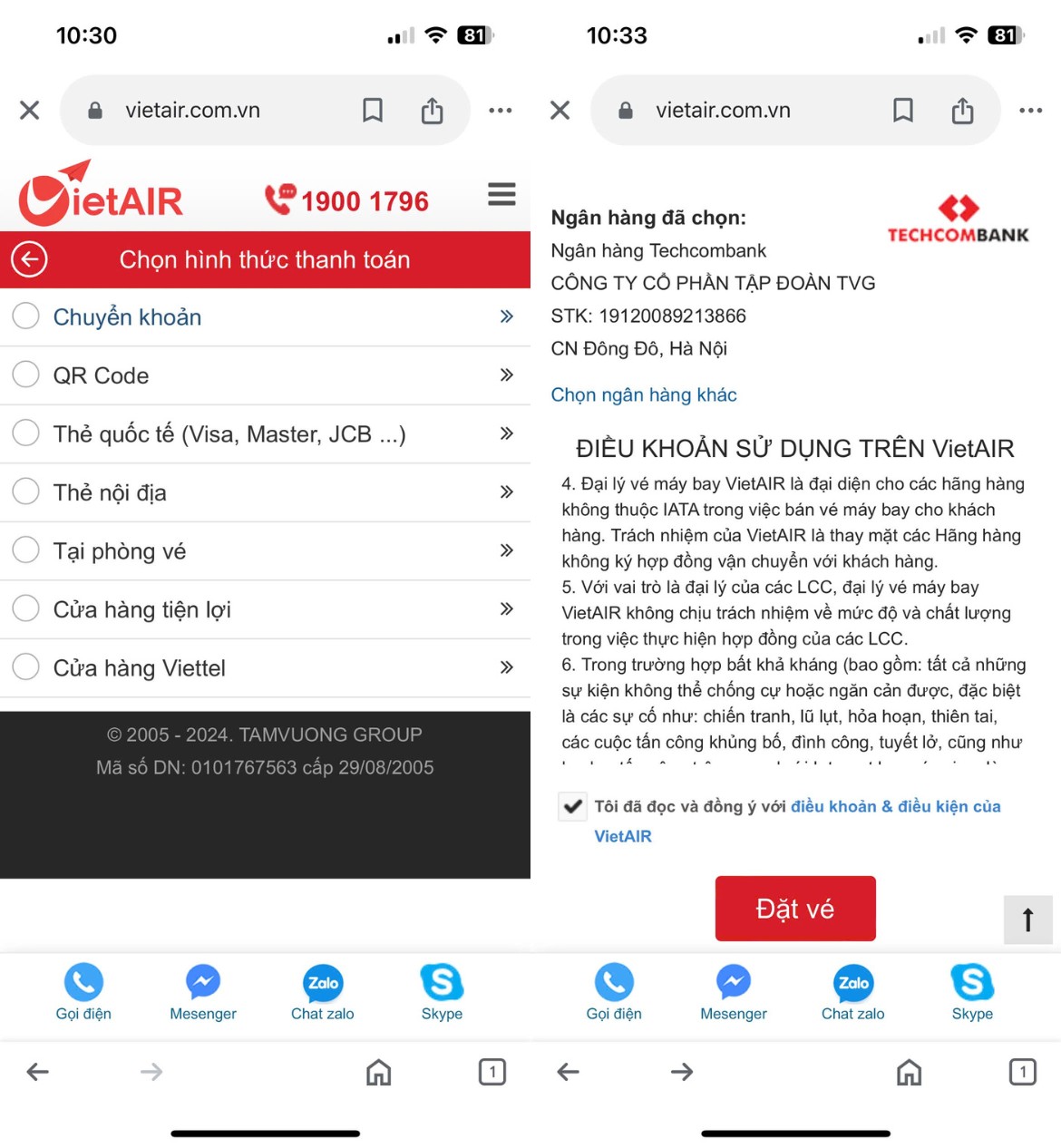 cách đặt vé máy bay quốc tế trên điện thoại lựa chọn hình thức thanh toán