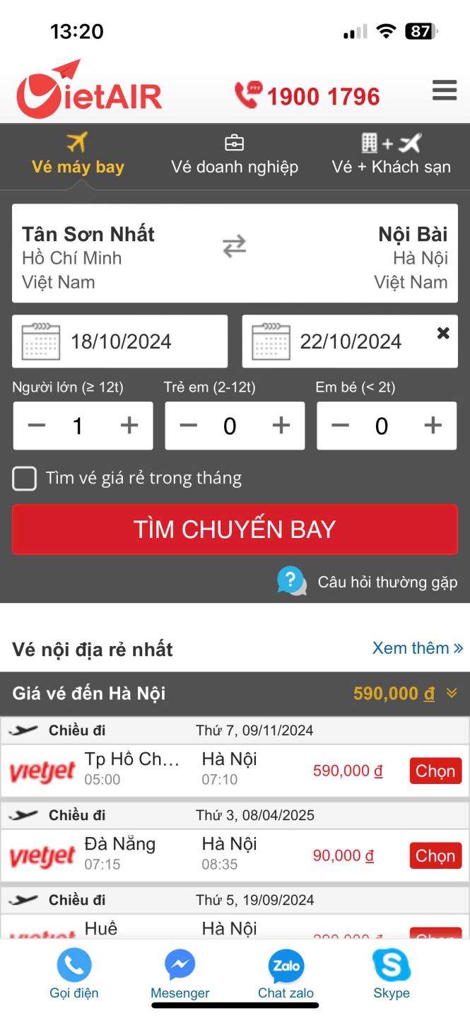 đặt vé trên website VietAIR