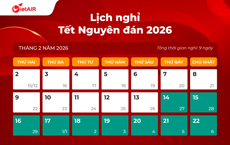 Lịch nghỉ tết Nguyên Đán 2026