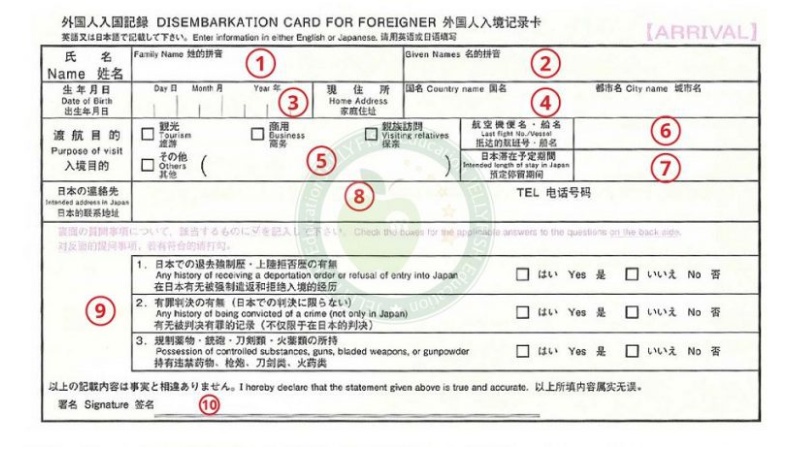 Thủ tục nhập cảnh Nhật Bản- tờ khai nhập cảnh