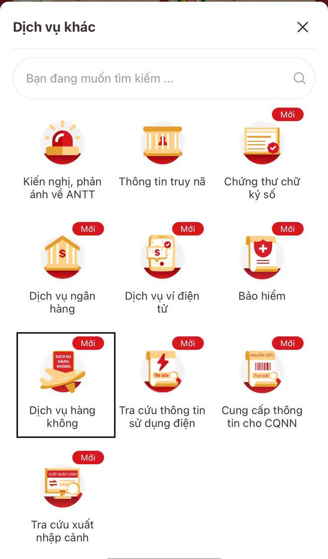 Phần làm thủ tục trực tuyến trong ứng dụng VNeID.&nbsp;