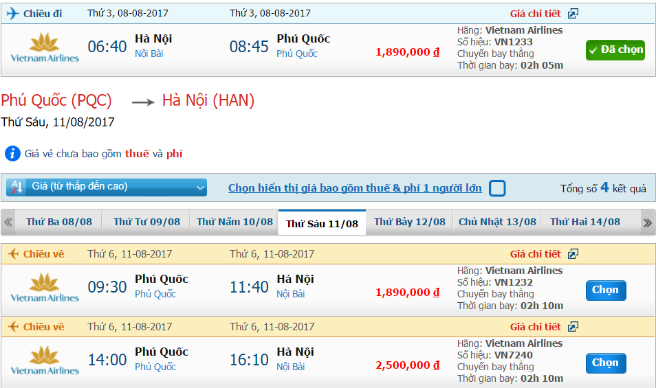 Vé máy bay khứ hồi Vietnam Airlines Hà Nội-Phú Quốc