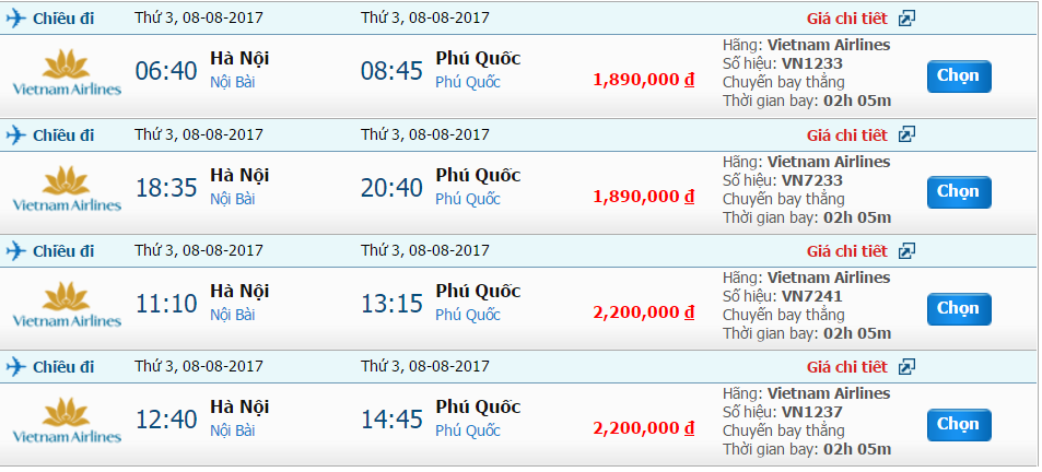 Vé máy bay Vietnam Airlines Hà Nội-Phú Quốc