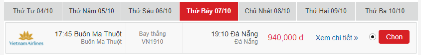 Bảng giá vé máy bay Buôn Ma Thuột đi Đà Nẵng ngày 7/10