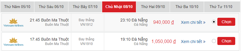 Giá vé máy bay Buôn Ma Thuột đi Đà Nẵng vào chủ nhật