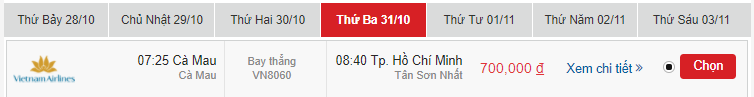 Giá vé máy bay Cà Mau đi Sài Gòn tháng 10