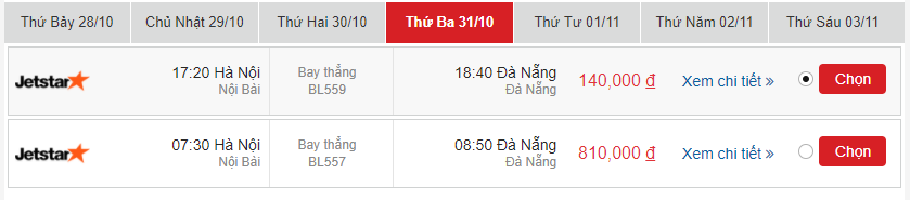 Giá vé máy bay Pacific Airlines Hà Nội đi Đà Nẵng tháng 10