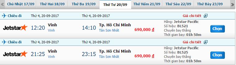 Bảng giá vé máy bay Jetstar Vinh đi TP.HCM (Giá vé trên chưa bao gồm thuế và phụ phí, là loại vé một chiều dành cho người lớn)