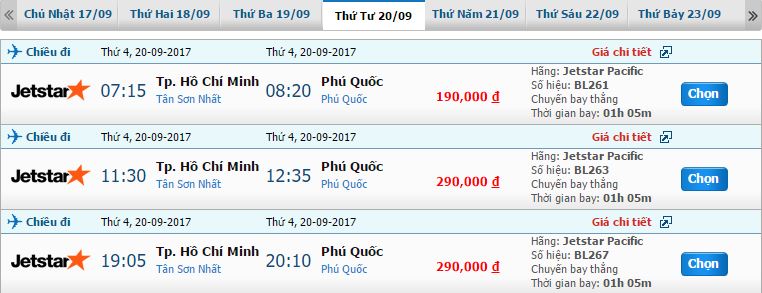 Bảng giá vé máy bay Jetstar TP.HCM đi Phú Quốc (Giá vé trên chưa bao gồm thuế và phụ phí, là loại vé một chiều dành cho người lớn)