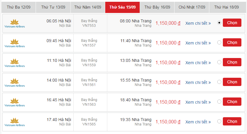 Giá vé máy bay Vietnam Airlines Hà Nội đi Nha Trang giá rẻ tháng 9 2