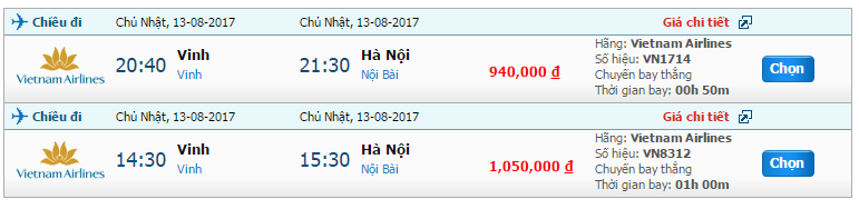 Vé máy bay Vietnam Airlines từ Vinh đi Hà Nội giá rẻ tháng 8 1