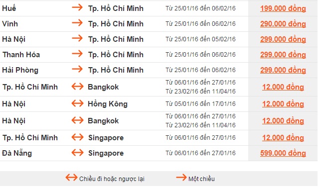 Các hành trình được khuyến mại Các hành trình được khuyến mại