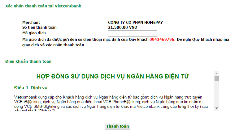 Hướng dẫn thanh toán qua VietcomBank